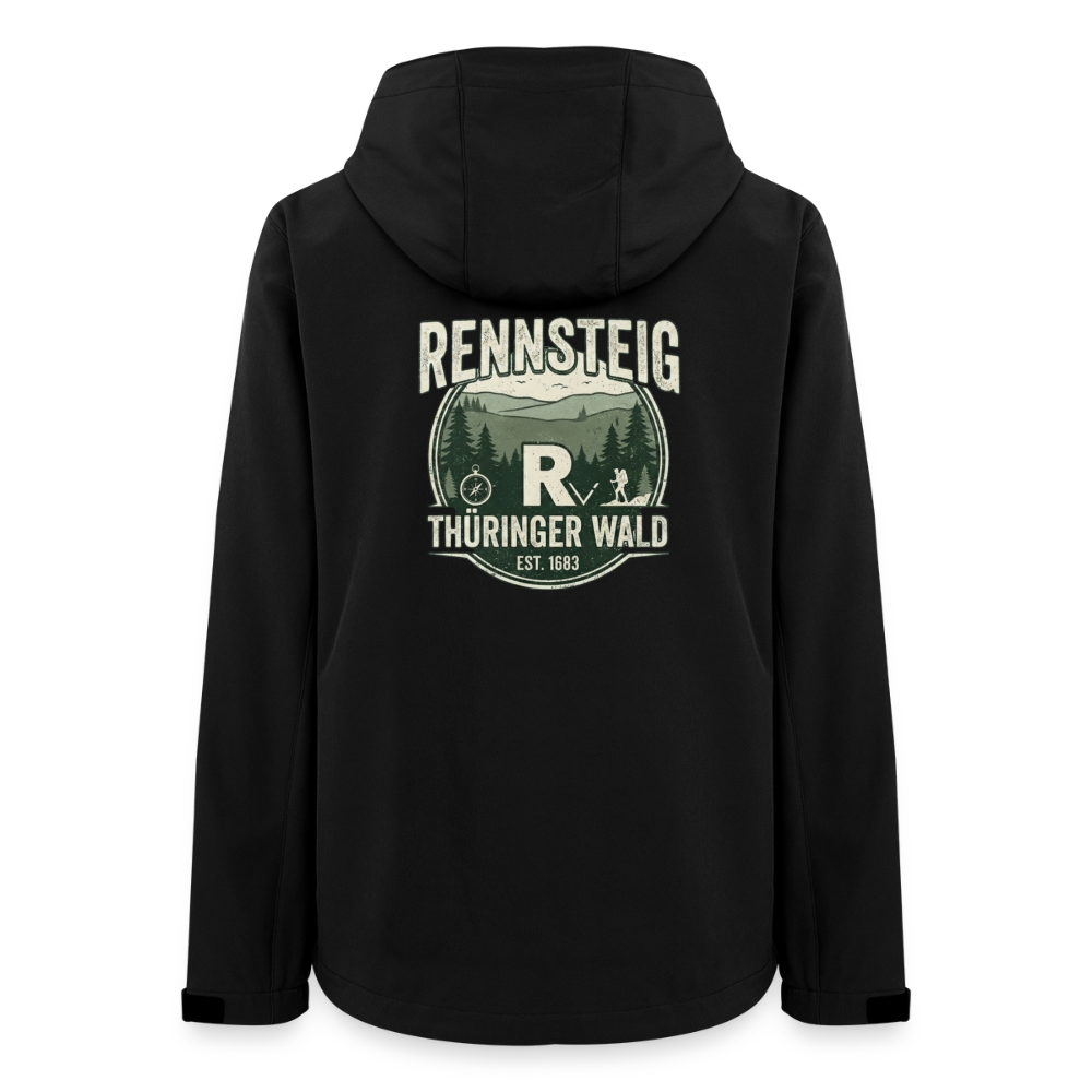 Damen-Softshelljacke schwarz, Kapuze, Rückseite mit RENNSTEIG-Logo