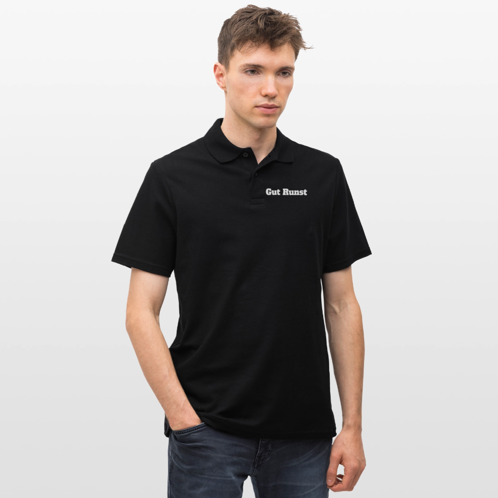 Herren-Poloshirt, schwarz, Brustschriftzug „Gut Kunst“, Kragen mit Knopfleiste