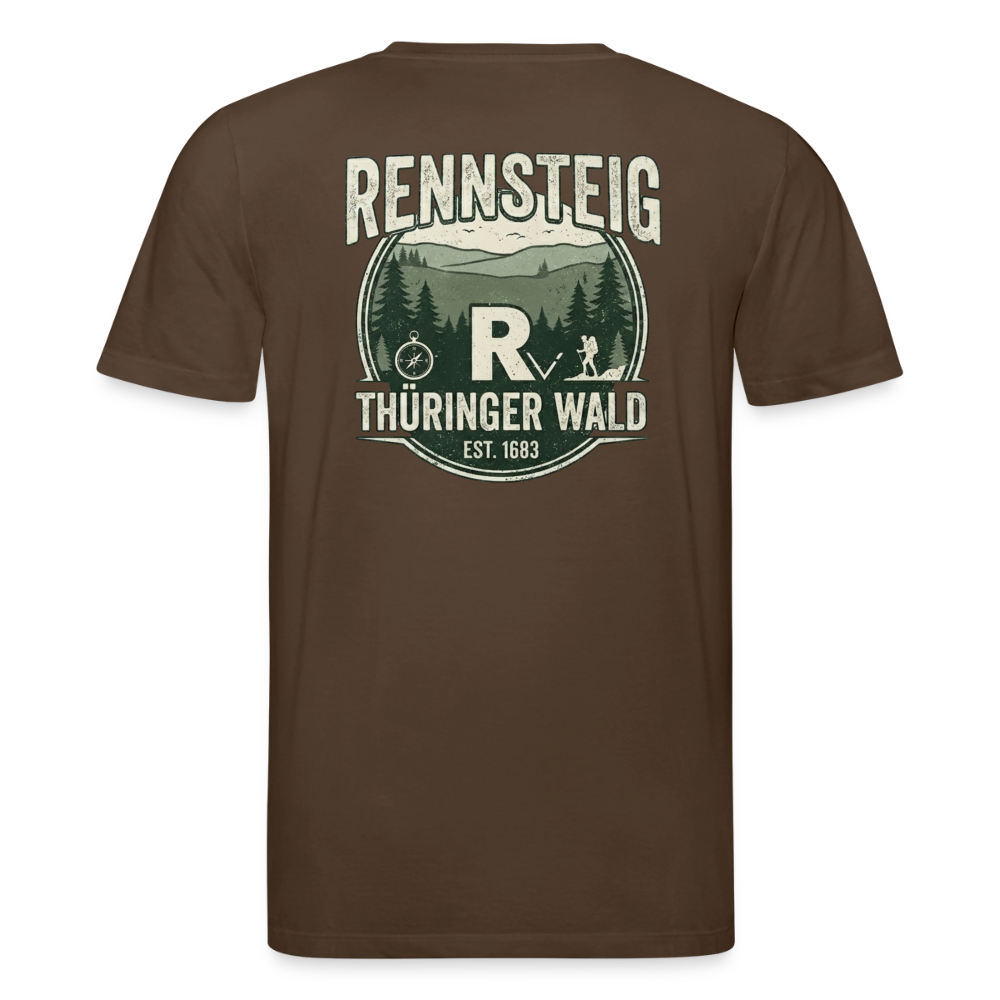 Unisex Bio-T-Shirt in Dunkelbraun mit großem Rennsteig-Emblem auf dem Rücken