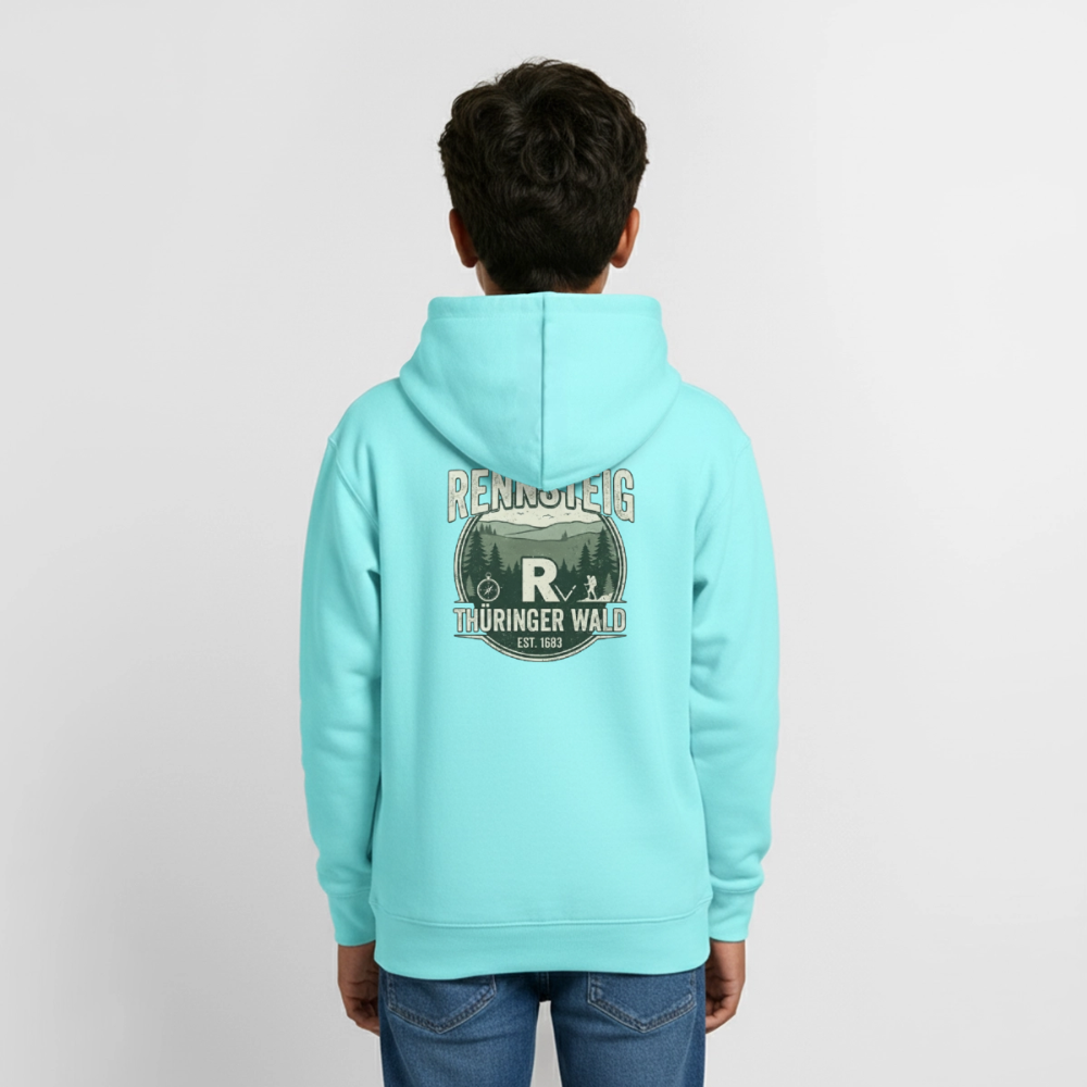 Teenager-Hoodie Türkis mit Rückenprint „Rennsteig Thüringer Wald“, Kapuze