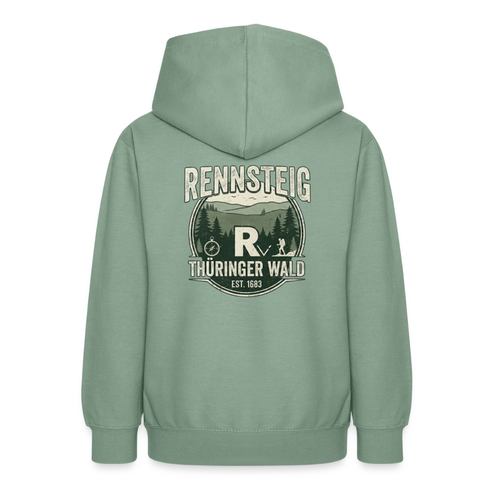 Teenager-Hoodie in Salbeigrün mit „Rennsteig Thüringer Wald“-Motiv hinten, Kapuze