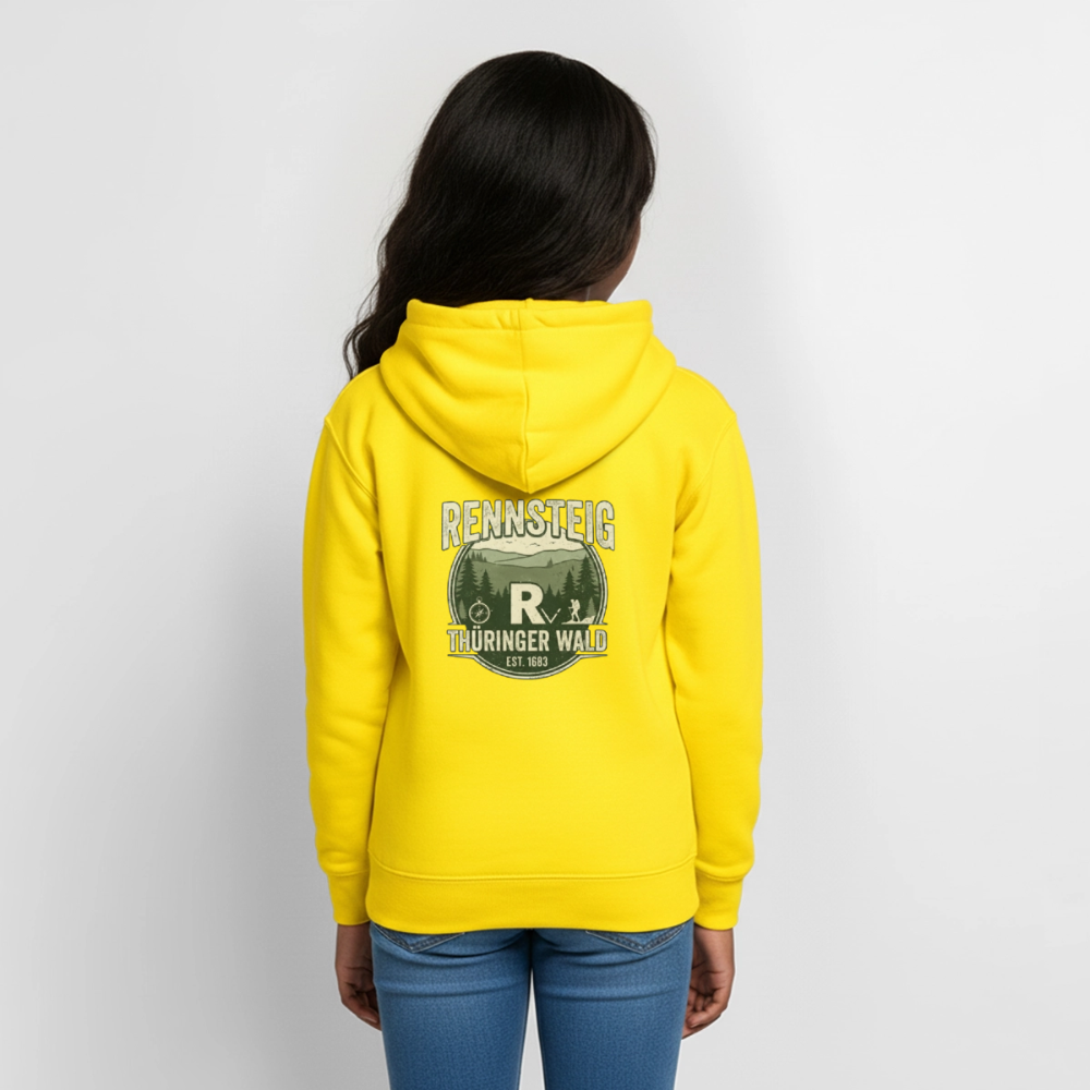 Gelber Teenager-Hoodie mit Kapuze, Rückenprint „RENNSTEIG Thüringer Wald“.