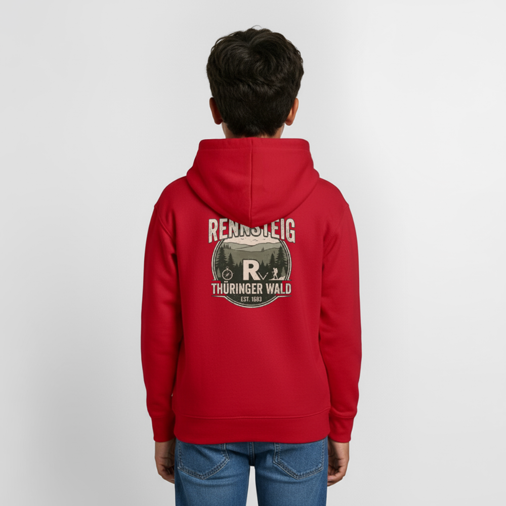 Teenager-Hoodie in Rot mit Kapuze und Rückenprint Rennsteig Thüringer Wald.