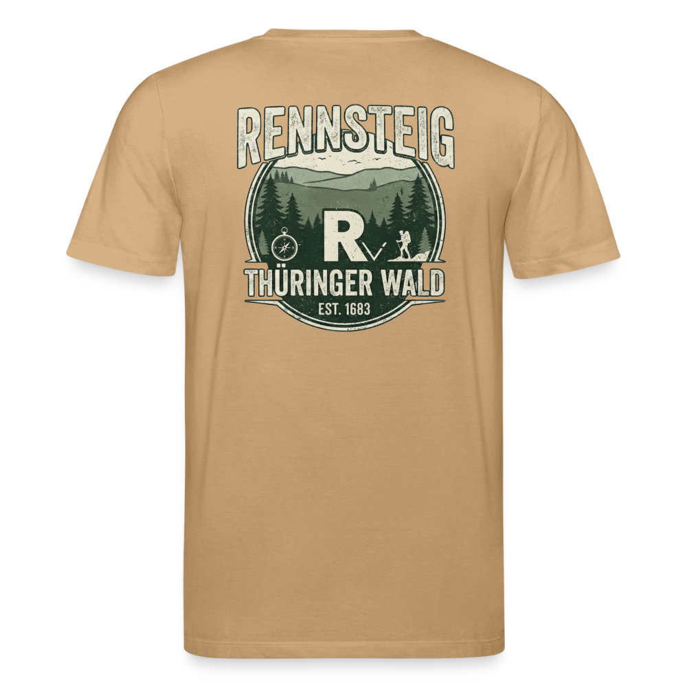 Beiges Bio-T-Shirt mit großem Rennsteig-Logo „Thüringer Wald“ in Brustmitte