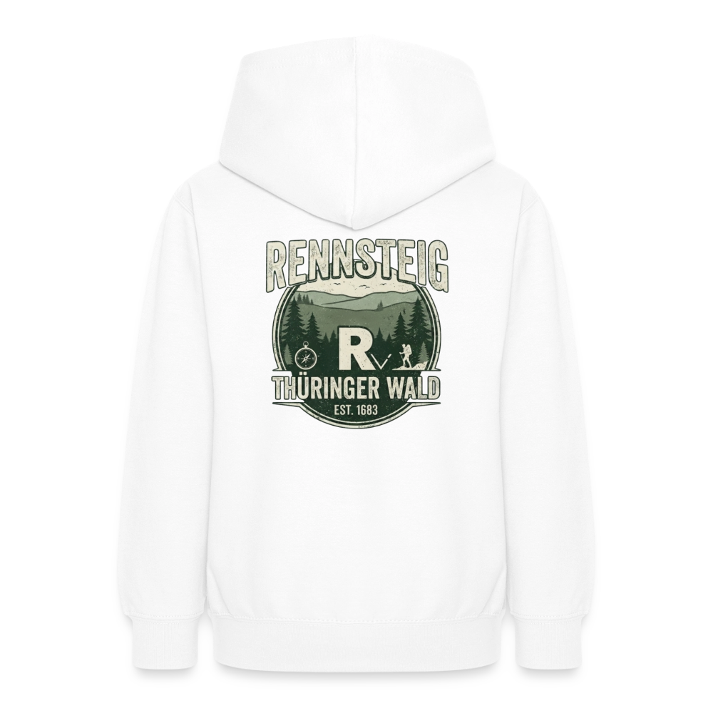 Teenager-Hoodie Weiß mit Kapuze, Rückenprint „Rennsteig Thüringer Wald“