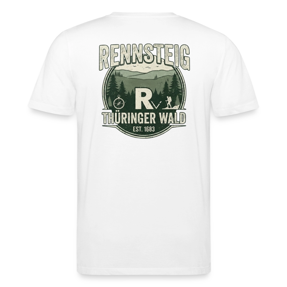 Weißes Bio-T-Shirt mit großem Rennsteig-Badge hinten