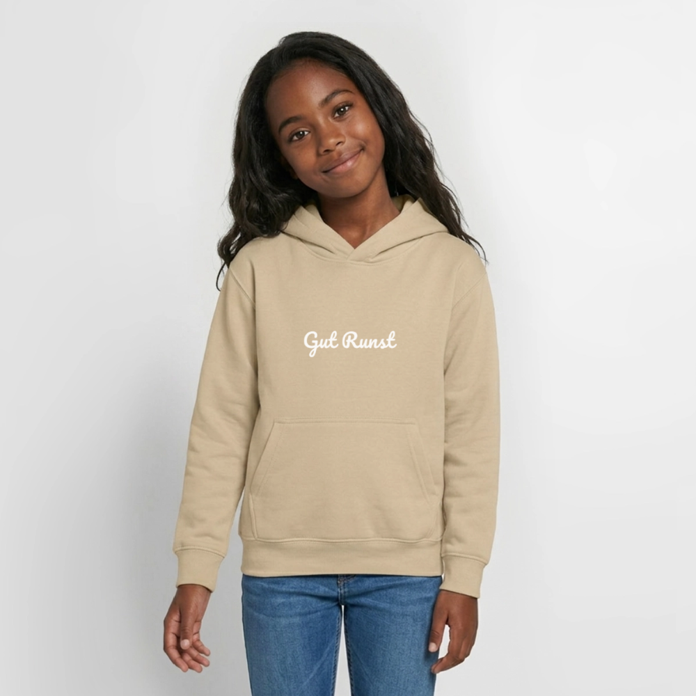 Beiger Teenager-Hoodie mit Kapuze und Vordruck „Gut Runst“.