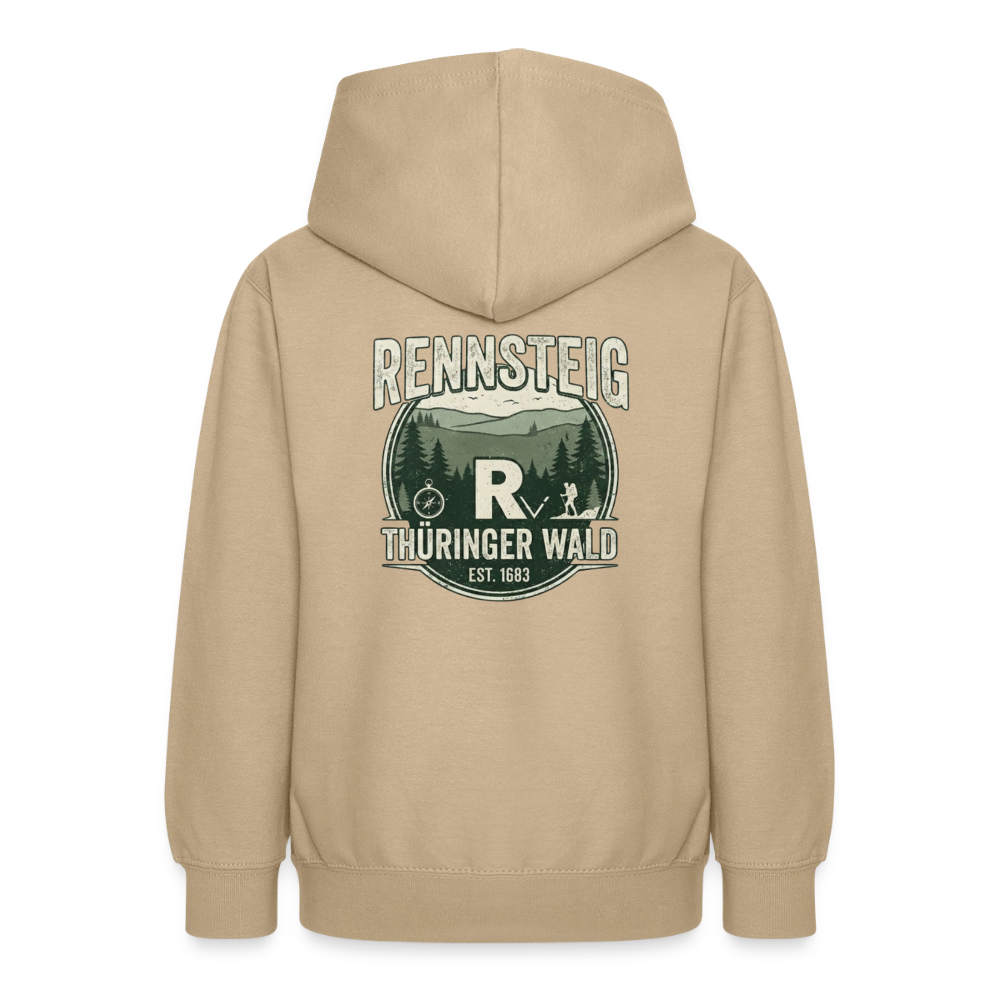Teenager-Hoodie in Beige mit Kapuze; Rückseite mit „RENNSTEIG THÜRINGER WALD“-Logo.