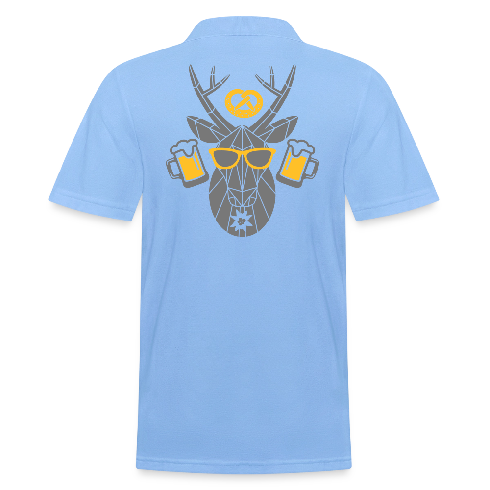 Herren-Poloshirt Himmelblau mit großem Rückenprint, Kurzarm und Knopfleiste.
